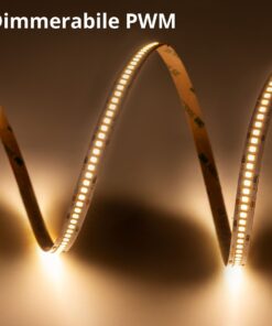 Striscia LED SMD 2835 24V, 5 Metri, Larga 10mm, Caldo 3000K, Super Luminoso 24W/M 4000LM/M 160LM/W 240SMD/M, Dimmerabile PWM, Tagliabile ogni 33mm, IP20, CRI>80