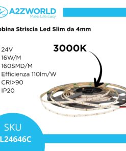 Bobina Striscia Led Slim da 4mm, 24V 16W/M 160SMD/M, Bianco Caldo 3000K, Tagliabile ogni 5cm da 8 SMD 2216, IP20, Efficienza 110lm/W, CRI>90