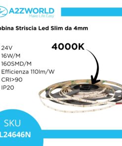 Bobina Striscia Led Slim da 4mm, 24V 16W/M 160SMD/M, Tagliabile ogni 5cm da 8 SMD 2216, IP20, Efficienza 110lm/W, CRI>90, Disponibili 3000K 4000K 6500K (Bianco Neutro 4000K)