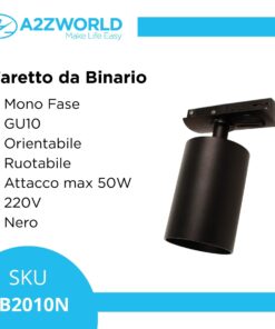 Porta Faretto da Binario Mono Fase, Attacco GU10 orientabile e ruotabile, Max 50W 220V, Nero