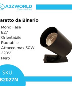 Porta Faretto da Binario Mono Fase, Attacco E27 orientabile e ruotabile, Max 50W 220V, Nero