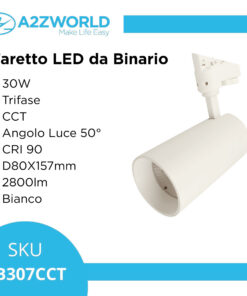 Faro Lampada Led A Binario 30W 2800lm Trifase CCT Angolo Luce 50° CRI>90 UGR<19 Carcassa Bianca 3000K 4000K 6000K 3 In 1 D80X157mm