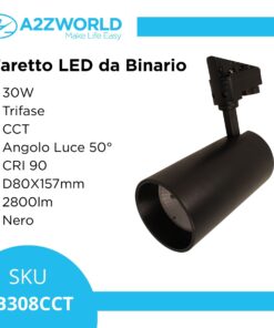 Faro Lampada Led A Binario 30W 2800lm Trifase CCT Angolo Luce 50 Gradi CRI>90 UGR<19 Carcassa Nera 3000K 4000K 6000K 3 In 1 D80X157mm