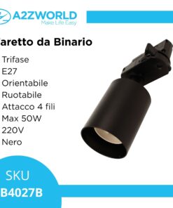 Porta Faretto da Binario Trifase, Attacco E27 orientabile e ruotabile, attacco 4 fili, compatibile con 3 linee di accensione, Max 50W 220V, Nero