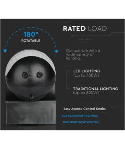 Sensore di Movimento a Infrarossi e Crepuscolare Montaggio a Parete Muro Carcassa Nera Testa Orientabile 180 Gradi IP44 SKU-5089