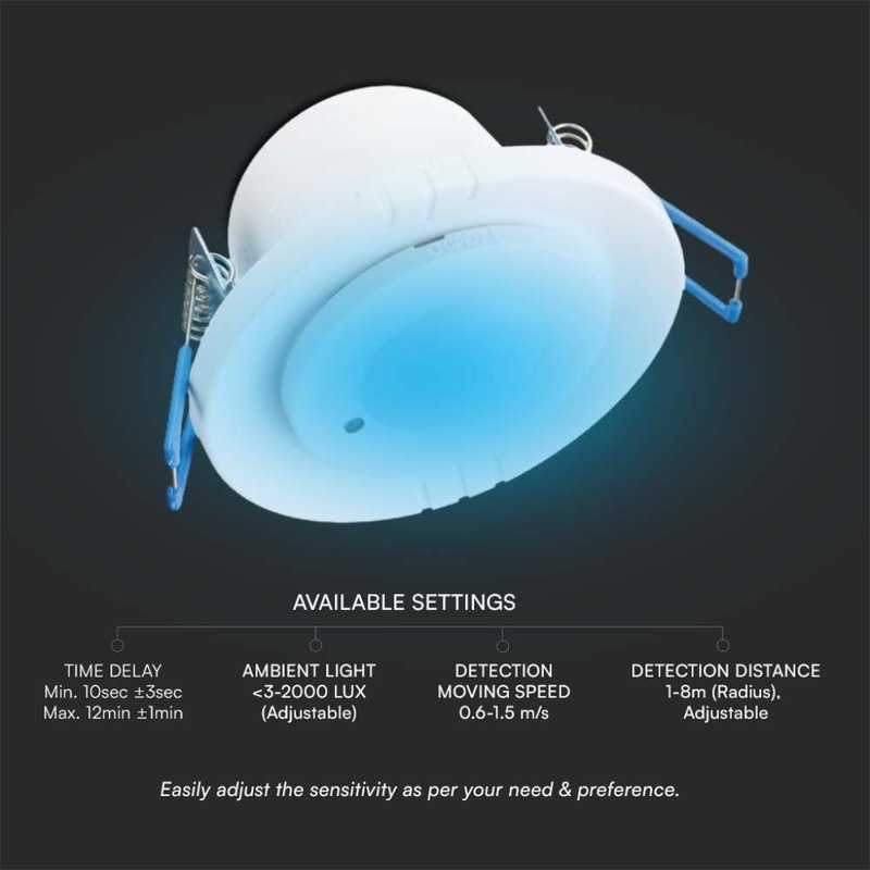 Sensore di Movimento a Microonde 300W 360° Orientabile Montaggio a Incasso Colore Bianco SKU-23165 - immagine 3