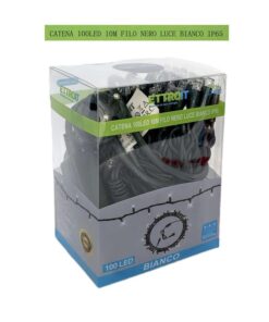 Catena Luminosa di Luci Led IP65 10 Metri Con 100 Led Filo Nero Luce Bianco Freddo Con Connettore Allungabile