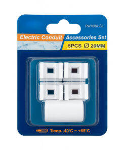 Kit 5 Accessori Per Tubo Rigido e Flessibile Da 20mm, 4 Clip Fissatubo A Scatto + 1 Giunto Raccordo Lineare, Colore Bianco IP40