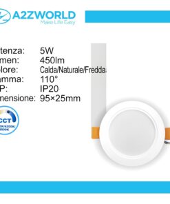 Faretto Led da Incasso CCT 5W 450lm, D95X25mm, Foro 70mm, 3 Colori 3000K 4200K 6500K Angolo 120° IP20
