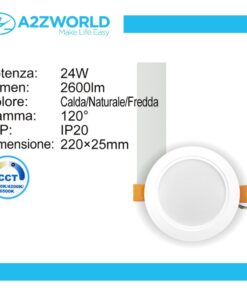 Faretto Led da Incasso CCT 24W 2600lm, D220X25mm, Foro 190mm, 3 Colori 3000K 4200K 6500K Angolo 120° IP20