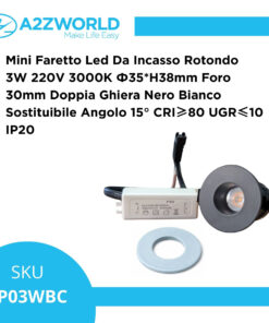 Mini Faretto Led Da Incasso Rotondo 3W 220V 3000K Φ35*H38mm Foro 30mm Carcassa Nera Sostituibile Angolo 15° CRI≥80 UGR≤10 IP20