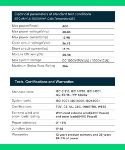 Pannello Solare Fotovoltaico Modulo 400W TIER-1, Monocristallino PERC, Full Black IP67/IP68 1722x1134x30mm 11897