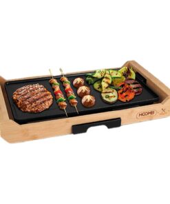Piastra Grill Elettrica 2200W Rivestimento Antiaderente con Termostato Regolabile e Raccoglitore di Grasso Rimovibile 43x23cm Finitura Bambu