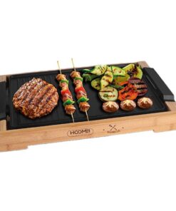 Piastra Grill Elettrica 2000W Rivestimento Antiaderente con Termostato Regolabile e Raccoglitore di Grasso Rimovibile 37.5x23cm Finitura Bambu