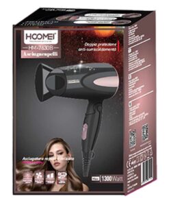 Asciugacapelli Professionale 1300W con 2 Velocita Temperatura con Manico Pieghevole e Gancio per Appendere Nero Rosa