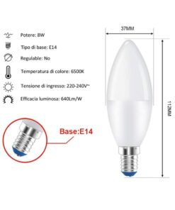 Lampada A Led E14 C37 8W Bianco Freddo 6500K 720 Lumen
