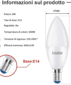 2 PZ Lampada A Led, Lampadina E14 C37 8W Bianco Freddo 6500K 760 Lumen