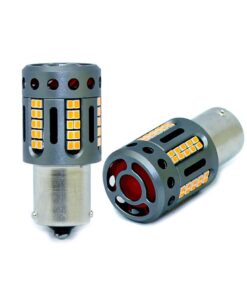 Lampada Led 1156 BAU15S PY21W 100% Canbus 12V 21W Effettiva Arancione Piedi Storti Con Ventola In Testa