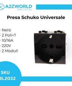 Presa Schuko Universale 2P+T 10/16A 220V MBL Nero 2M Compatibile Bticino Living International BLN2102
