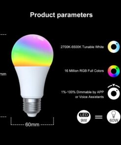 Lampada Led E27, ZigBee 3.0, RGB+CW, TUYA, Smart Life, AC 90-250V, 50/60HZ, 9W, 60X117mm, IP20, SHZ62709