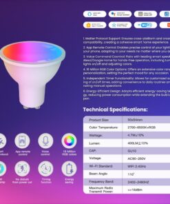 Lampada Led Matter GU10, RGB+CW, Matter WIFI 2.4G, TUYA, Smart Life, Apple Home, Google Home, Alexa, SmartThings, AC 90-250V, 50/60HZ, 5W, 50X55mm, IP20, MU11005