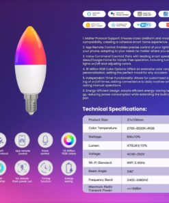 Lampada Led Matter E14, RGB+CW, Matter WIFI 2.4G TUYA, Smart Life, Apple Home, Google Home, Alexa, SmartThings, AC 90-250V, 50/60HZ, 6W, 37X106mm, IP20, MU11406