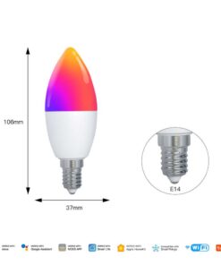 Lampada Led Matter E14, RGB+CW, Matter WIFI 2.4G TUYA, Smart Life, Apple Home, Google Home, Alexa, SmartThings, AC 90-250V, 50/60HZ, 6W, 37X106mm, IP20, MU11406