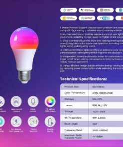 Lampada Led Matter E27, RGB+CW, Matter WIFI 2.4G TUYA, Smart Life, Apple Home, Google Home, Alexa, SmartThings AC 90-250V, 50/60HZ, 9W, 60X117mm, IP20, MU12709