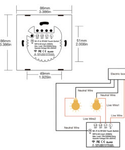Interruttore Da Parete Touch 2 Tasti, WIFI 2.4G+BLE+RF 433MHz, Bluetooth BLE Mesh, TUYA, Smart Life, 10A, AC 90-250V, 50/60HZ, 86X86X30mm Per Scatola 502, IP20, Bianco, SH9442W