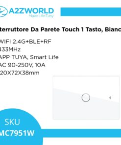 Interruttore Da Parete Touch 1 Tasto, WIFI 2.4G+BLE+RF 433MHz, Bluetooth BLE Mesh TUYA, Smart Life 10A, AC 90-250V, 50/60HZ, 120X72X38mm Per Scatola 503, IP20, Bianco, SH9551W
