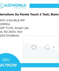 Interruttore Da Parete Touch 2 Tasti, WIFI 2.4G+BLE+RF 433MHz, Bluetooth BLE Mesh, TUYA, Smart Life, 10A, AC 90-250V, 50/60HZ, 120X72X38mm Per Scatola 503, IP20, Bianco, SH9552W