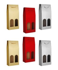 Set 6 Borse Regalo di Natale per Vino Doppio Posto Colore Oro Rosso e Argento 18x39x9 cm