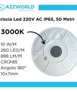 Alternative view of Striscia Led 220V AC IP65 Da 50 Metri, Bianco Caldo 3000K, 10W/M 260LED/M 888LM/M, Tagliabile Ogni 5cm, CRI≥85 10X7mm, Angolo 180°, IP65, Tanti Accessori Inclusi