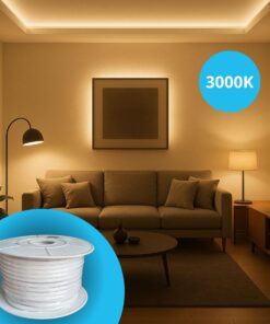Striscia Led 220V AC IP65 Da 50 Metri, Bianco Caldo 3000K, 10W/M 260LED/M 888LM/M, Tagliabile Ogni 5cm, CRI≥85 10X7mm, Angolo 180°, IP65, Tanti Accessori Inclusi
