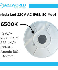Alternative view of Striscia Led 220V AC IP65 Da 50 Metri, Bianco Freddo 6500K, 10W/M 260LED/M 888LM/M, Tagliabile Ogni 5cm, CRI≥85 10X7mm, Angolo 180°, IP65, Tanti Accessori Inclusi
