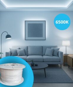 Striscia Led 220V AC IP65 Da 50 Metri, Bianco Freddo 6500K, 10W/M 260LED/M 888LM/M, Tagliabile Ogni 5cm, CRI≥85 10X7mm, Angolo 180°, IP65, Tanti Accessori Inclusi