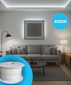 Striscia Led 220V AC IP65 Da 50 Metri, Bianco Neutro 4000K, 10W/M 260LED/M 888LM/M, Tagliabile Ogni 5cm, CRI≥85 10X7mm, Angolo 180°, IP65, Tanti Accessori Inclusi