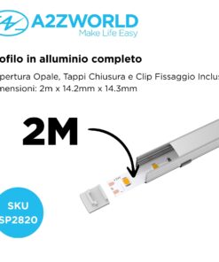 Kit Profilo Alluminio Completo Da 2 Metri Per Striscia Led, Standard Alta, Dimensione 14.2X14.3mm, Larghezza Interna 10mm, 103g/m, Copertura Opale, Tappi Chiusura e Clip Fissaggio Incluso