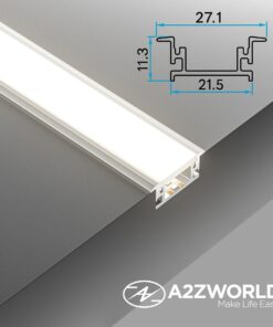 Kit Profilo Alluminio Completo Da 2 Metri Per Striscia Led, Larga Da Incasso, Dimensione 27.1X11.3mm, Larghezza Interna 12mm, 224g/m, Copertura Opale, Tappi Chiusura e Clip Fissaggio Incluso