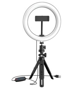 Supporto a Treppiedi Anello Luminoso USB con 3 collori 2800k-6500k a LED 16W 360º Dimmerazione con 60cm di Altezza Regolabile Diametro 20cm