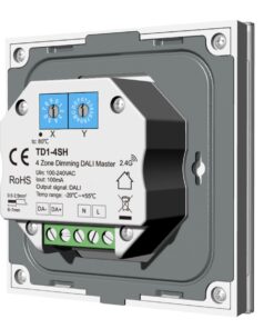 Pannello Touch Master DALI Bianco, Alimentatore Bus Integrato, 16VDC Max 100mA, 4 Zone 3 Scene 4 Indirizzi, Touch Slider, Per Dimmer DT6, 86X86mm Per Scatola 502