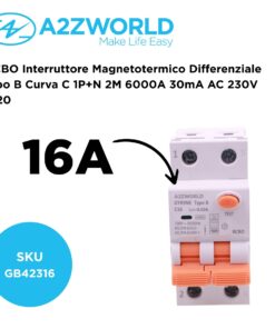 Alternative view of RCBO Interruttore Magnetotermico Differenziale Tipo B Curva C 1P+N 2M 6000A 30mA AC 230V IP20 Disponibili 16A 20A 25A 32A 40A (C16A)