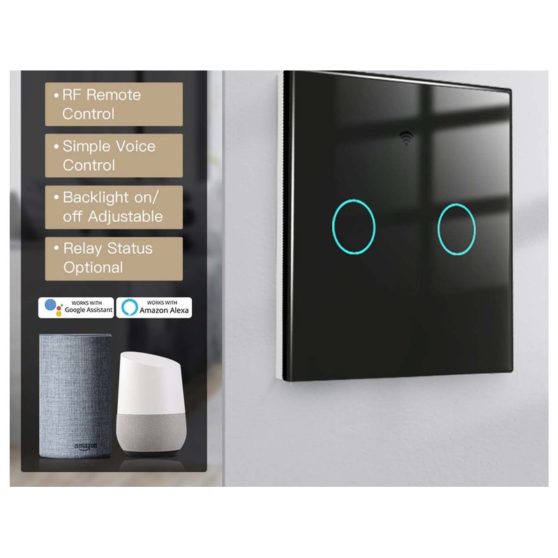 Interruttore Wifi Da Parete 86X86 Pannello Touch 2 Tasti Colore Nero WiFi + RF 433 Compatibile con Amazon Alexa e Google Home - immagine 2