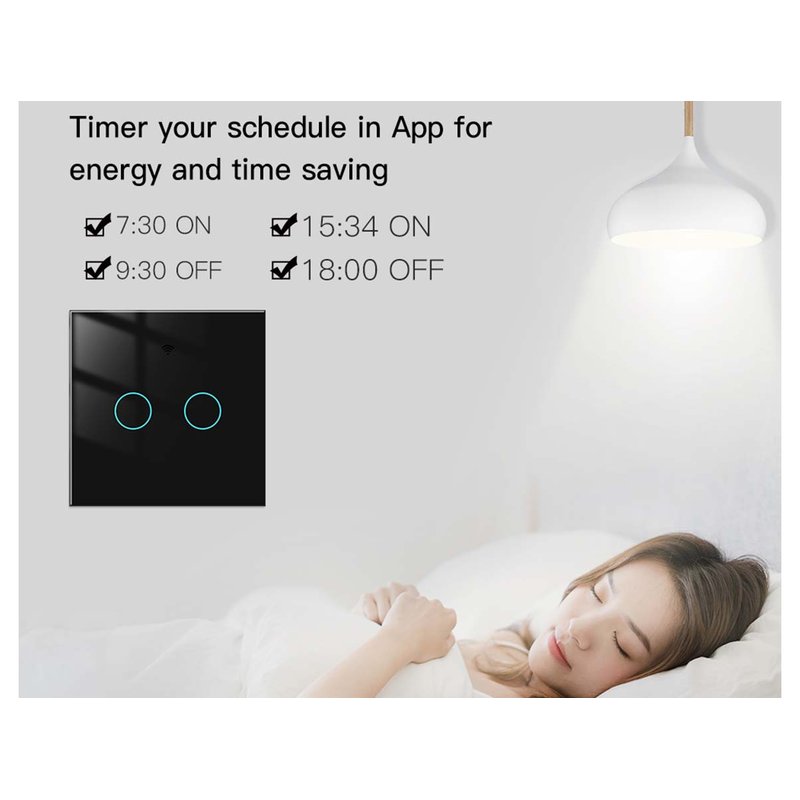 Interruttore Wifi Da Parete 86X86 Pannello Touch 2 Tasti Colore Nero WiFi + RF 433 Compatibile con Amazon Alexa e Google Home - immagine 3