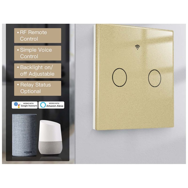 Interruttore Wifi Da Parete 86X86 Pannello Touch 2 Tasti Colore Oro WiFi + RF 433 Compatibile con Amazon Alexa e Google Home - immagine 2