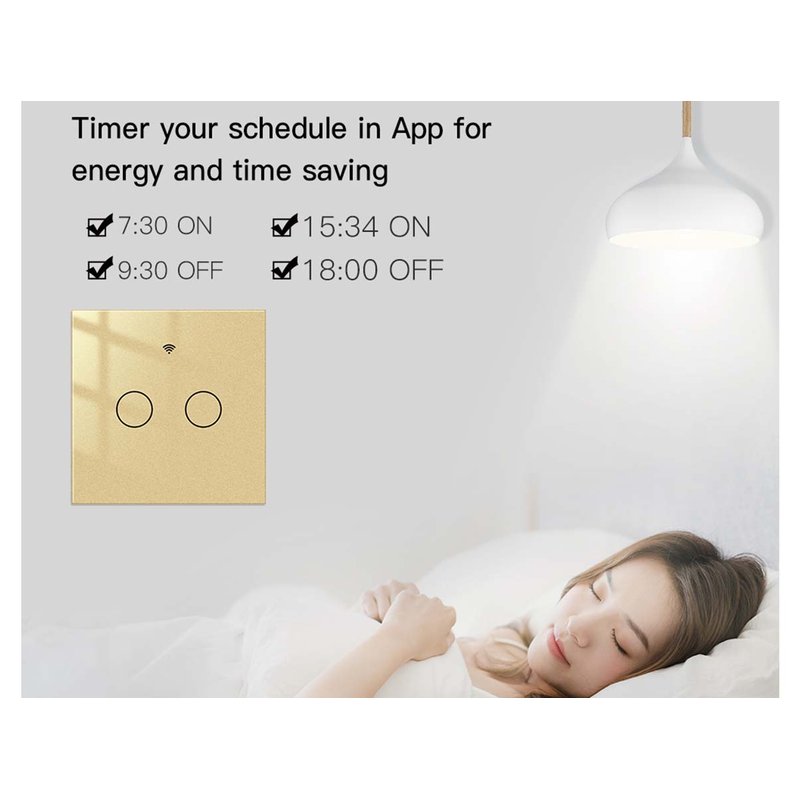 Interruttore Wifi Da Parete 86X86 Pannello Touch 2 Tasti Colore Oro WiFi + RF 433 Compatibile con Amazon Alexa e Google Home - immagine 3