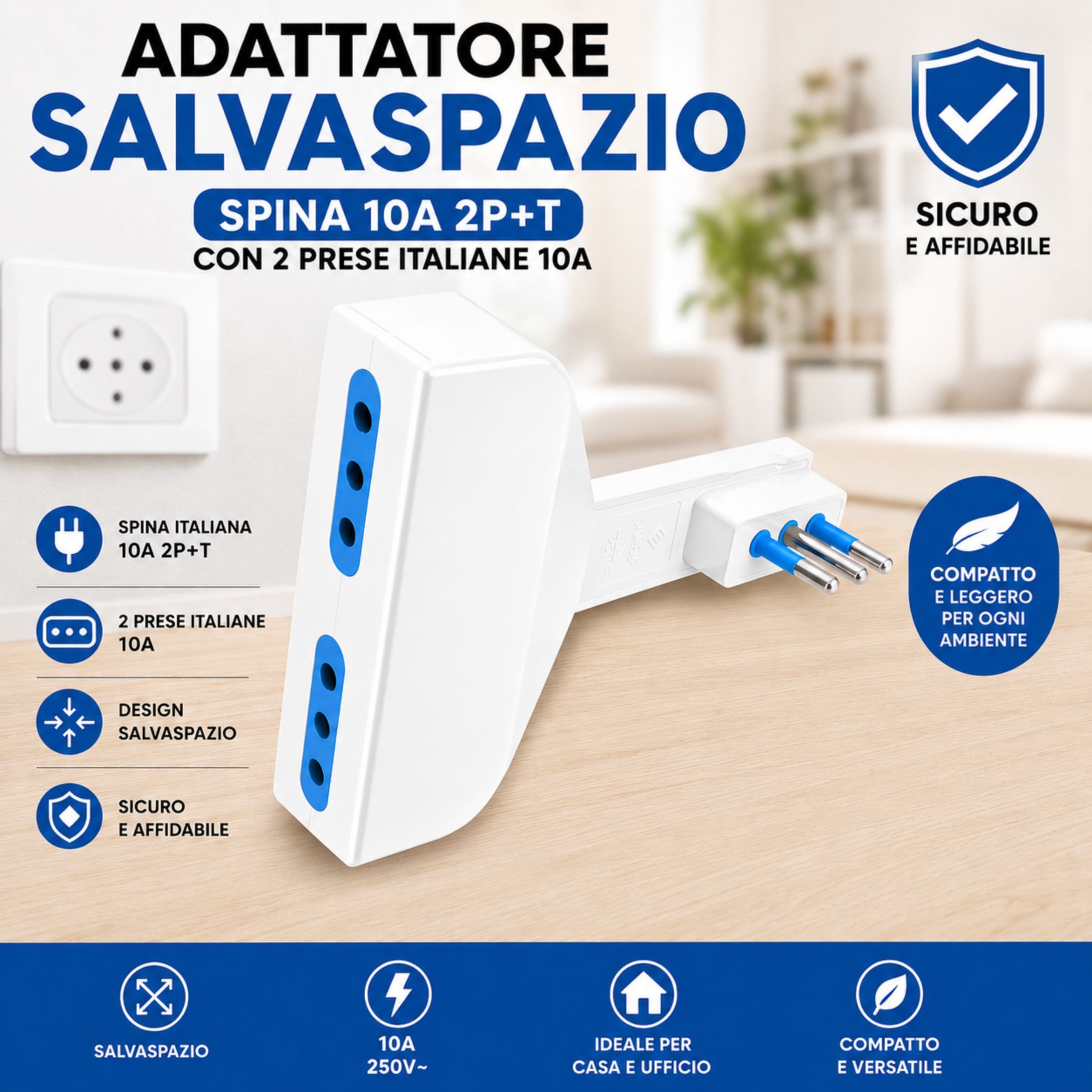 Adattatore Salvaspazio Spina 10A 2P+T con 2 Prese Italiane 10A, Bianco/Nero (Bianco) - immagine 2