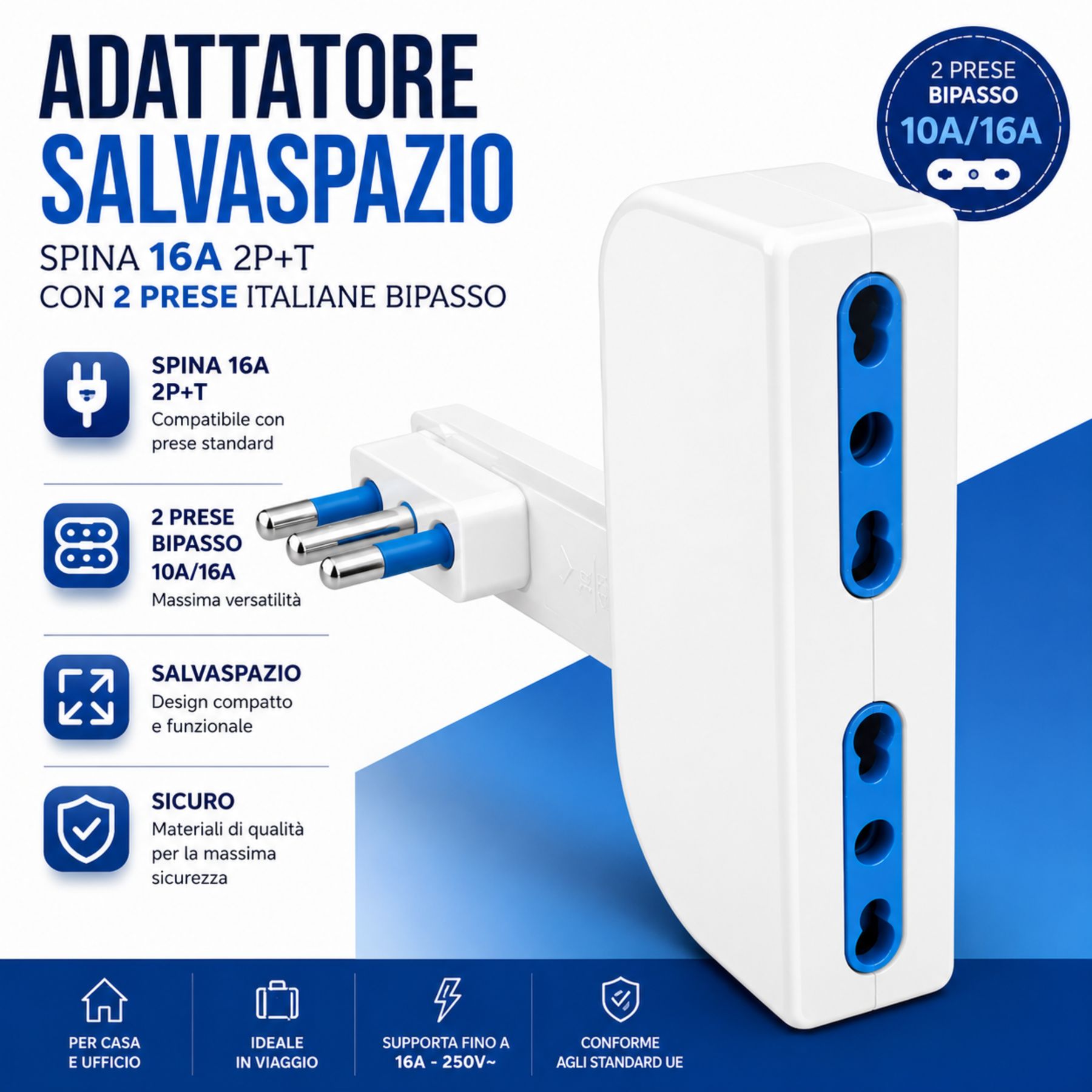 Adattatore Salvaspazio Spina 16A 2P+T con 2 Prese Bipasso 10/16A, Bianco/Nero (Bianco) - immagine 2