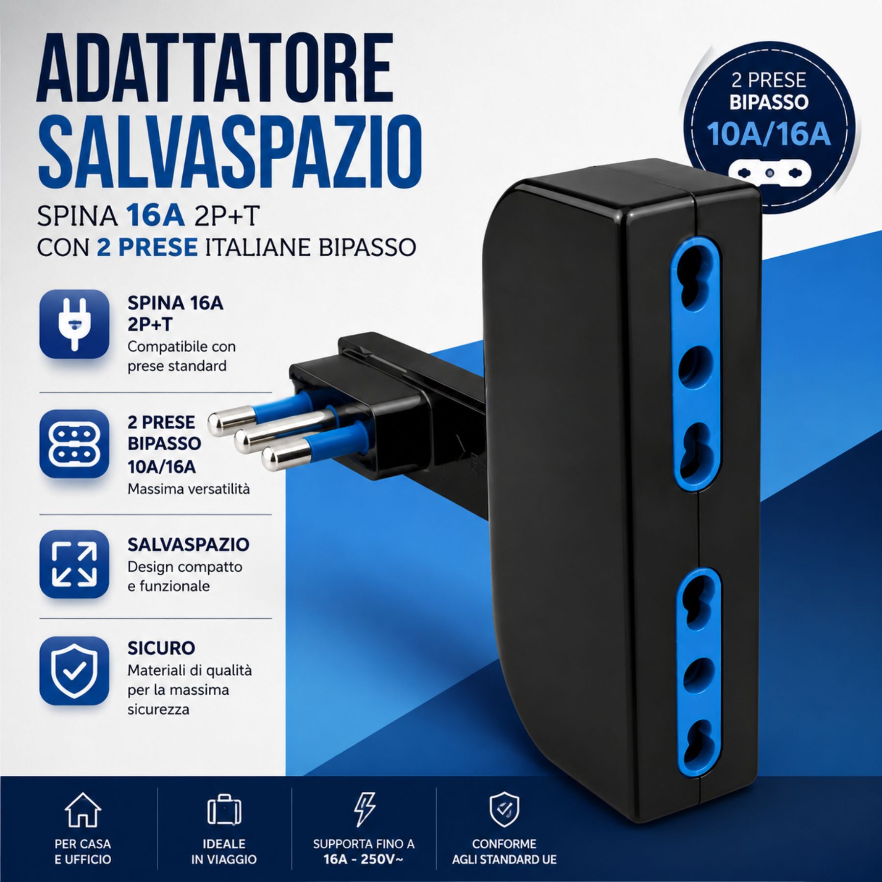 Adattatore Salvaspazio Spina 16A 2P+T con 2 Prese Bipasso 10/16A, Bianco/Nero (Nero) - immagine 2