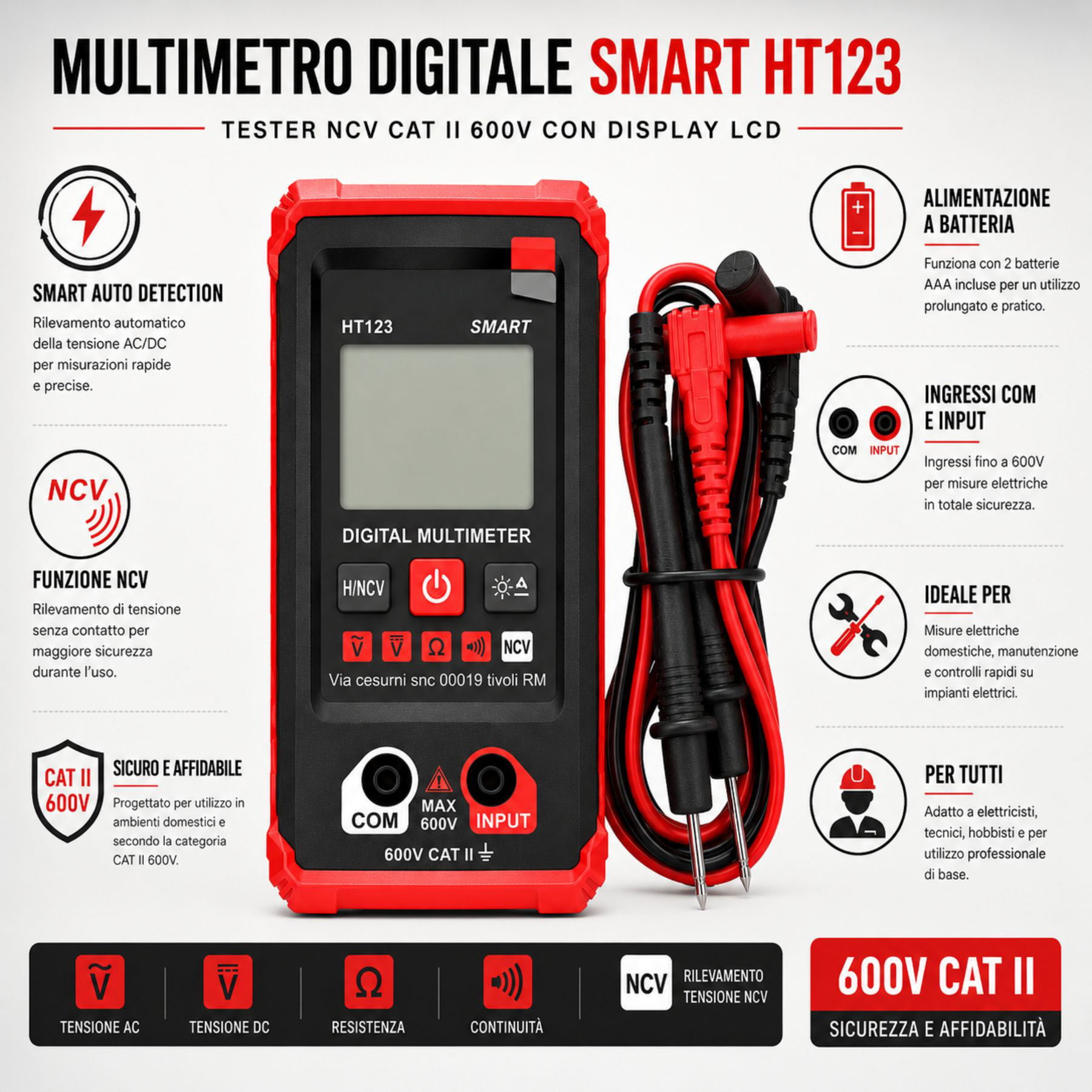 Multimetro Digitale Smart HT123, Tester NCV CAT II 600V con Display LCD - immagine 2